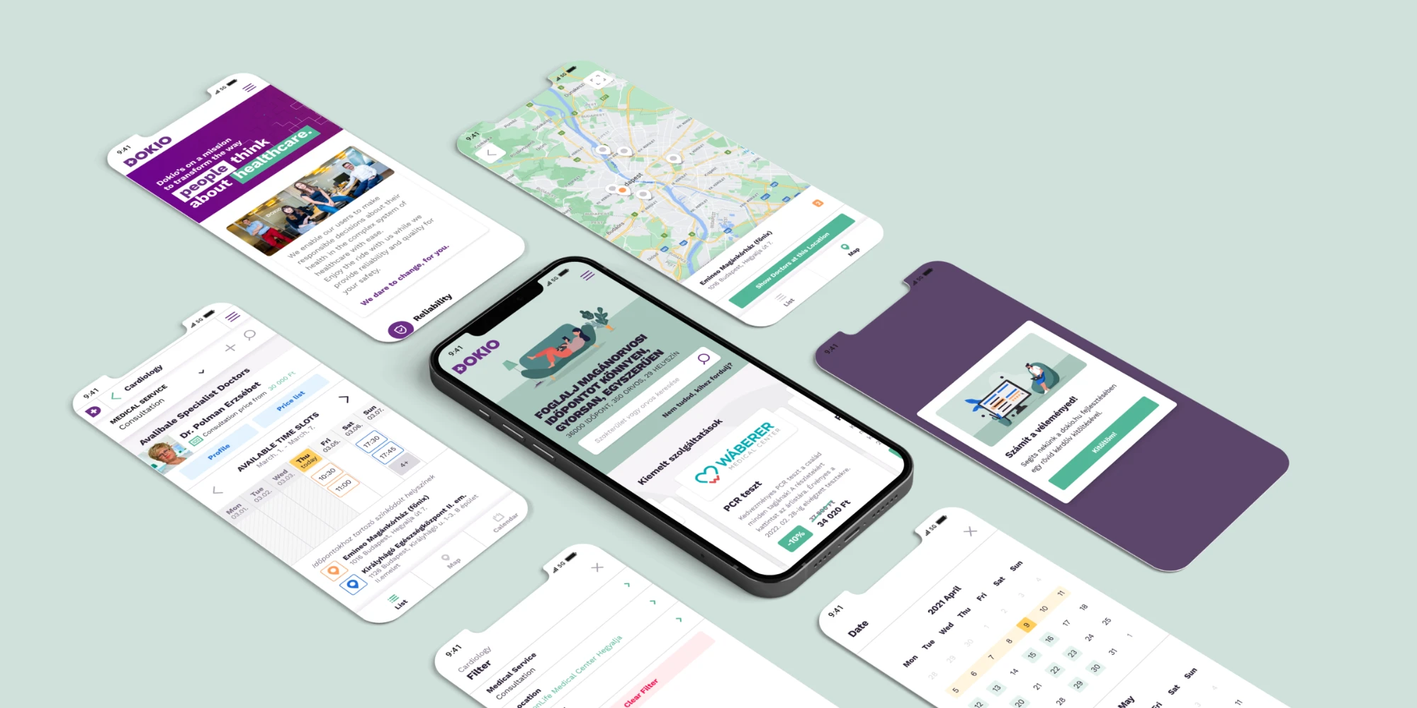 Dokio app screens laid out on phones