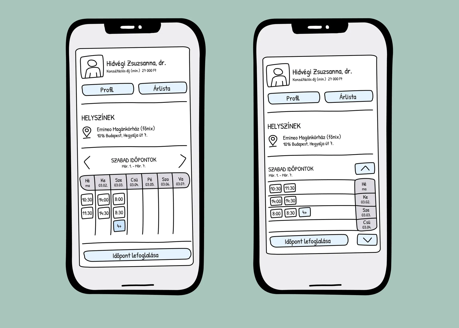 Two hand-drawn wireframes of the doctor card with weekly time slots